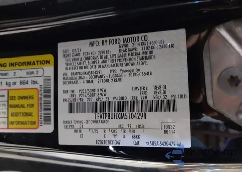 2021 Ford Mustang Ecoboost Premium из США, поврежденный, VIN 1FATP8UHXM5104291